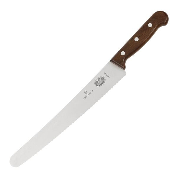 Victorinox Gebäckmesser 255mm mit gezahnter, gebogener Klinge mit Wellenschliff und Holzgriff, DP580