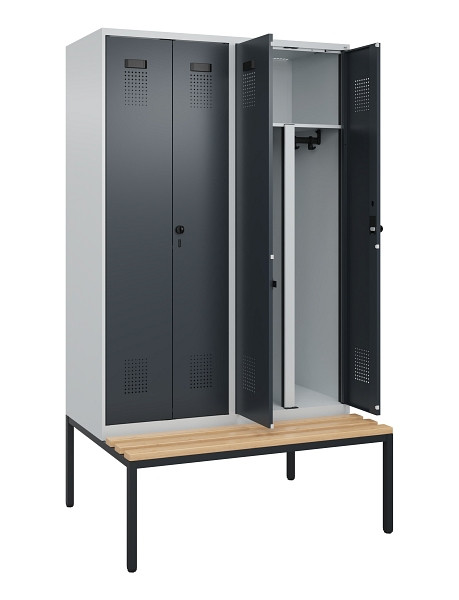 C+P PSA Doppel-Spind Evolo PLUS, Bank, 4 Abteile, 2120x1200x815mm, 7035/7016, Drehriegel, Sitzfläche Buche-Hartholz, Sitzbank, 0490527-40P S10012