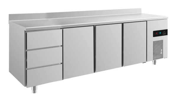 A&S Polarny Kühltisch -2 bis +8°C mit 3x Türen und 2x drei Schubladen links, 2330 x 700 x 850 mm, mit Aufkantung, KT4DTTTA