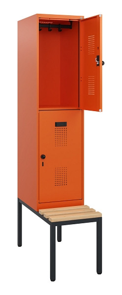 C+P Doppelstöckiger Spind Evolo PLUS, Bank, 2 Fächer, 1950x400x815mm, 2004/2004, Drehriegel, Sitzfläche Buche-Hartholz, Sitzbank, 0493505-12 S10030