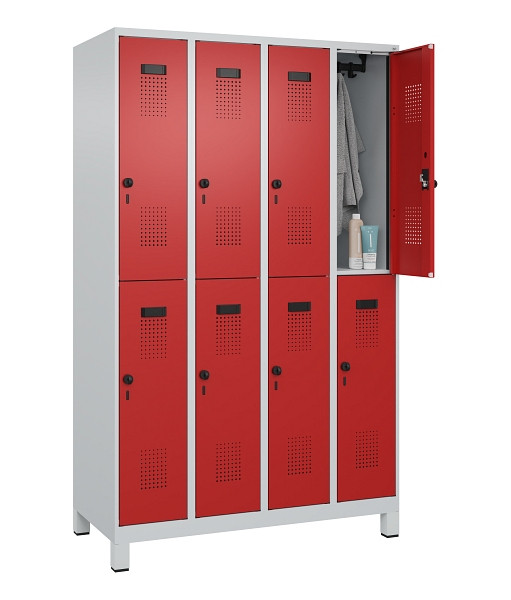C+P Doppelstöckiger Spind Evolo PLUS, mit Füßen, 8 Fächer, 1950x1200x500mm, 703, Frontfarbe RAL 3000 feuerrot, Drehriegel, 049310-40 S10003