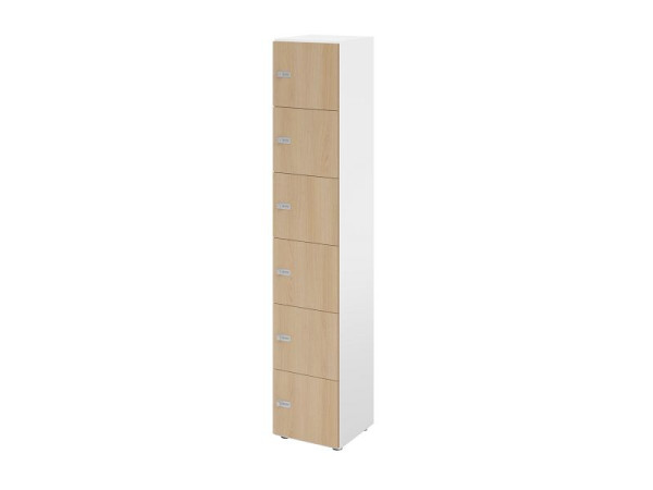 Hammerbacher Schließfachschrank schmal 6OH, 6 Türen, Korpus: weiß, Türen: Eiche, 40 x 40 x 215,6 cm (BxTxH), Zahlenschloss, V264L6/W/E/ZS