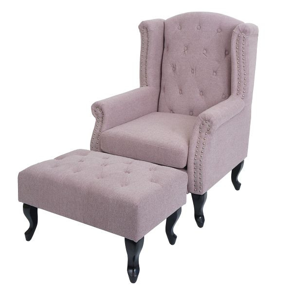 Mendler Sessel Chesterfield, Relaxsessel Clubsessel Ohrensessel, wasserabweisend Stoff/Textil, hellrosa mit Ottomane, 109531+109532+109533