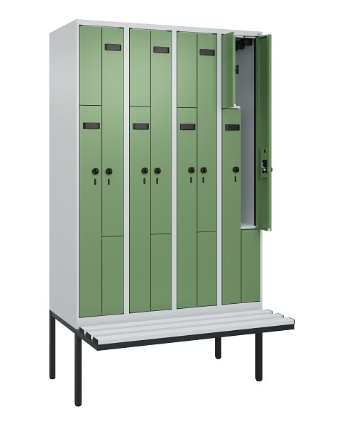 C+P Z-Spind Evolo PLUS, Bank, 8 Fächer, 2120x1200x815mm, 7035/6011, Drehriegel, Material Sitzfläche Kunststoff, 0490437-408 S10064