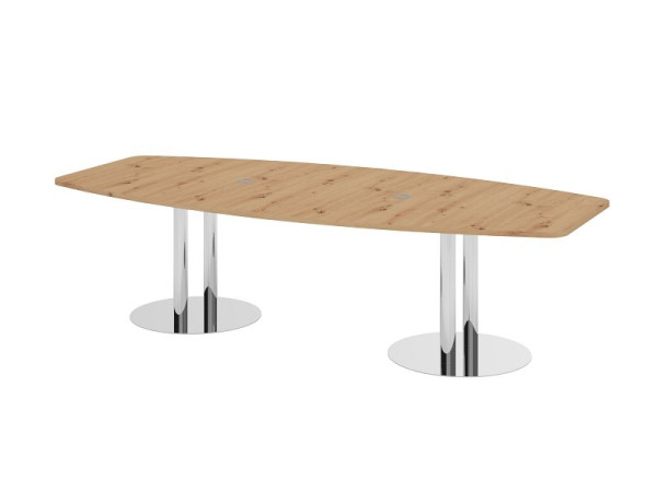 Hammerbacher Konferenztisch KT28S, 280 x 130 cm, Platte: Asteiche, 25mm dick, mit zwei verchromten Säulenfüßen, 7,6/70 cm, Arbeitshöhe 75,5 cm, VKT28S/R/C