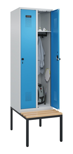 C+P Spind Evolo PLUS, 2 Abteil, 2120x600x815mm, 7035/5012, Drehriegel, Sitzfläche Buche-Hartholz, Sitzbank, 0490507-20 S10007