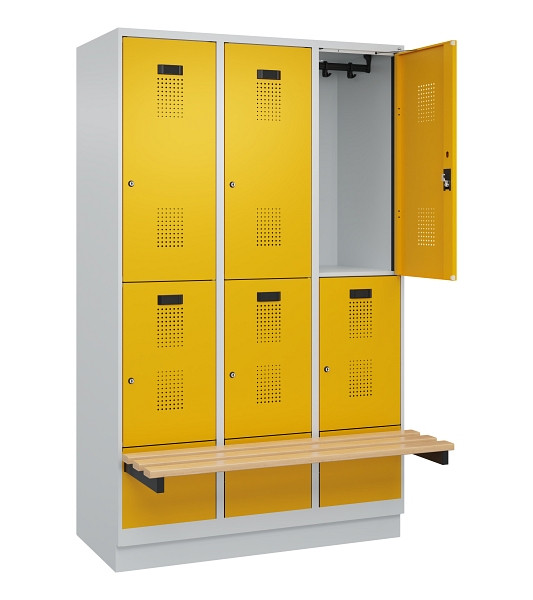 C+P Doppelstock-Spind Evolo PLUS, Bank, 6 Fächer, 1950x1200x815mm, 7035/1004, Zylinderschloss, Sitzfläche Buche-Hartholz, mit Sockel, 049340-32 S10027