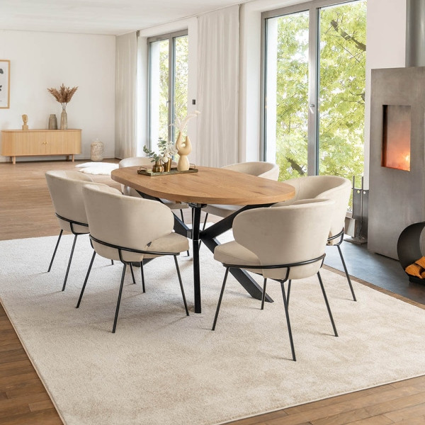 HOME DELUXE Essgruppe Oval Ausziehbar AVENTI inklusive Sternfuß 160x100 cm Light Oak 6 Stühle AMARA Samt Beige, 58644