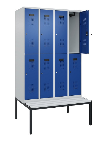 C+P Doppelstock-Spind Evolo PLUS, Bank, 8 Fächer, 2120x1200x815mm, 7035/5010, Zylinderschloss, Sitzfläche Kunststoff, Sitzbank, 0493507-40 S10114
