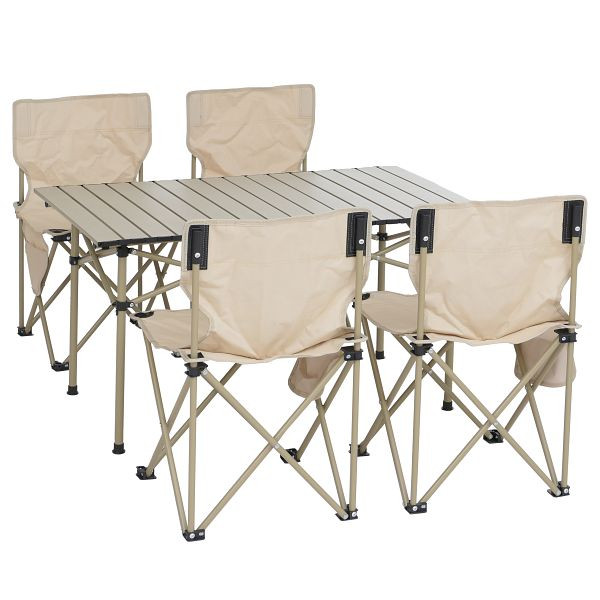 Mendler Campingset HWC-Q39, Tisch 4x Stuhl Klappstuhl Anglerstuhl faltbar, Metall Stoff, creme, 106797