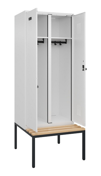 C+P Schwarz-Weiß-Spind Evolo PLUS, Bank, 2 Abteile, 2120x800x815mm, 9016/9016, Drehriegel, Sitzfläche Buche-Hartholz, Sitzbank, 0490527-22 S10020