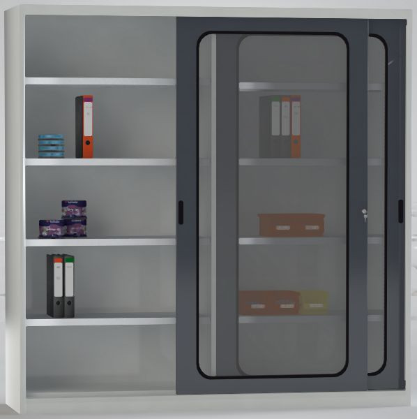 KLW Schiebetürenschrank 2000x2000x525mm, Acrylglas-Sichtfenster, 8 Fachböden je 80 kg, Sicherheits-Gummieinfassung, 7SN-UL2000FB-2020MRB