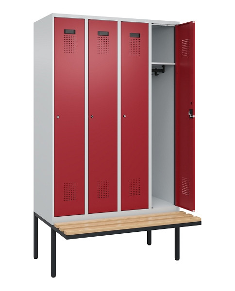 C+P Spind Evolo PLUS, 4 Abteile, 2120x1200x815mm, 7035/3003, Haken 3, Zylinderschloss, Sitzfläche Holz, 0490407-40 S10031