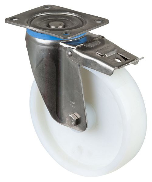 BS Rollen Edelstahl Schwerlastrolle mit Feststeller, Breite 50 mm, Ø200 mm, bis 450 kg, Fläche/Körper Kunststoff, Edelstahl-Rollenlager, HS120.B14.201