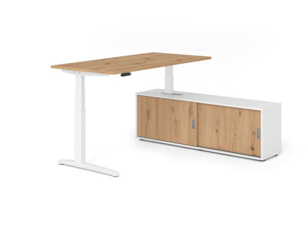 Hammerbacher Schreibtisch XBHM16, 160x80cm, Platte: Asteiche, 25mm dick, C-Fuß Gestell Weiß, Höhe: 65 - 129 cm, Ahorn, VXBHM16SB/R/W/W/R