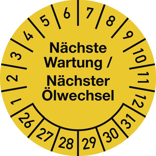 Moedel Prüfplakette Nächste Wartung/Nächster Ölwechsel 2026-2031, Dokumentenfolie, Ø30mm, VE: 10 Stück/Bogen, 107095