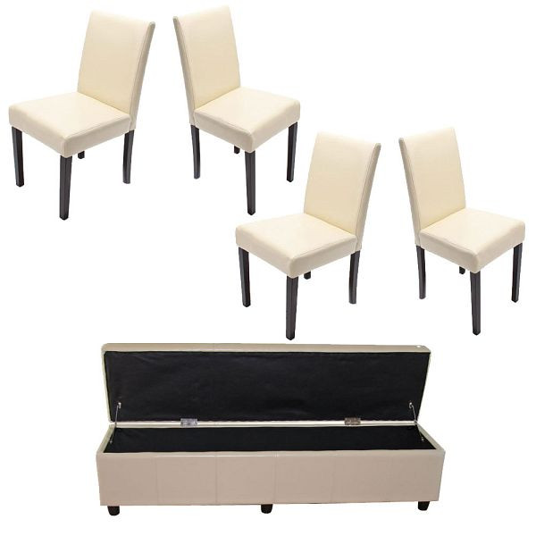 Mendler Garnitur Sitzgruppe Bank mit Aufbewahrung Kriens XXL+4 Stühle Littau, Kunstleder/Leder, creme, 12874+7976+7976+1