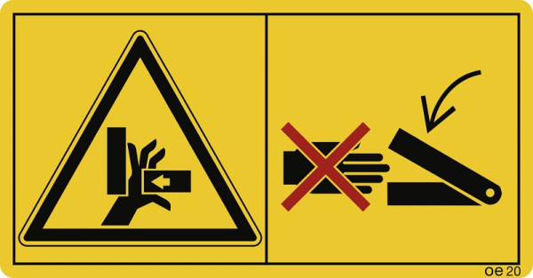 Moedel Niemals in den Quetschgefahrenbereich..., Folie, 96x50 mm, VE: 10 Stück/Bogen, 69592
