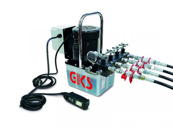 GKS Elektrische Pumpe inklusive 4x3m Hydraulikschlauch, beidseitigen Kupplungen und Manometer und 4-fach Verteilerleiste, Gewicht: 37 kg, 13592