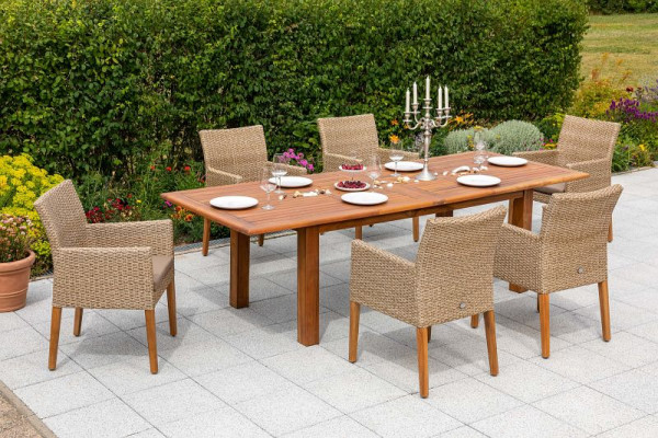 Merxx Ranzano Set 7-teilig, 6 Ranzano Sessel, inkl. Sitzkissen, 1 Doppelausziehtisch 180 (220/260) x 100 cm, Akazienholz, schilf, 50445-259
