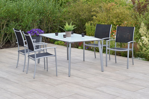 Merxx Milano Set 5-teilig, 4 Milano Stapelsessel, schwarz, 1 Tisch 150 x 90 cm, Alumiuniumgestell mit Textilbespannung, 50883-317