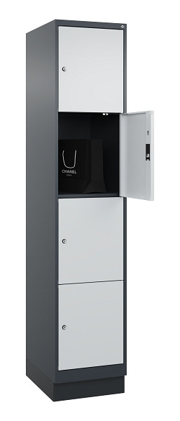C+P Schließfachschrank Evolo PLUS, mit Sockel, 4 Fächer, 1950x400x500mm, 7016/70, Frontfarbe RAL 7035 Lichtgrau, 049020-124 S10017