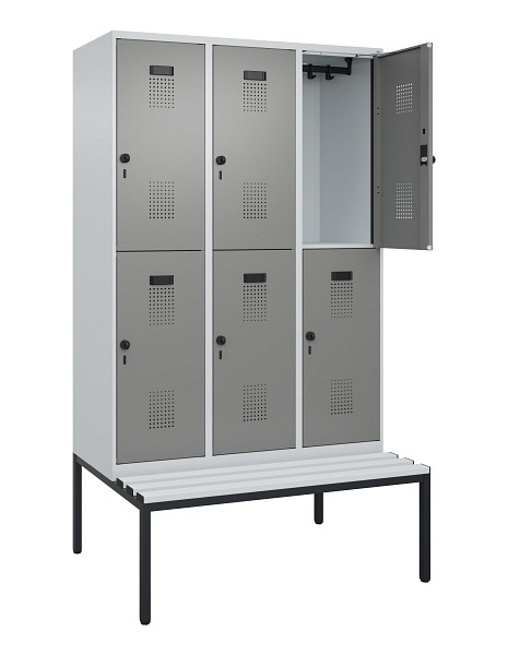 C+P Doppelstock-Spind Evolo PLUS, Bank, 6 Fächer, 2120x1200x815mm, 7035/0004, Drehriegel, Sitzfläche Kunststoff, Sitzbank, 0493507-32 S10095