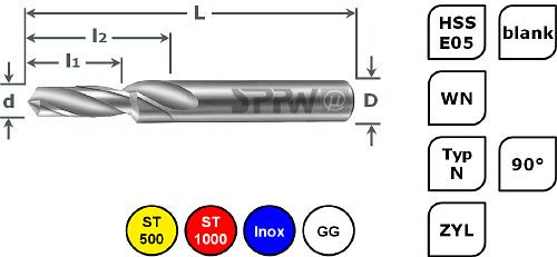 SPPW Stufenbohrer HSS-E05 90° L: 107x29x54 Ø10,2x14 M12, 1235601200