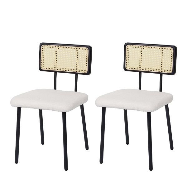 Mendler 2er-Set Esszimmerstuhl HWC-K88, Lehnstuhl Stuhl, Holz Poly-Rattan Metall Bouclé, Stoff/Textil weiß, 97707