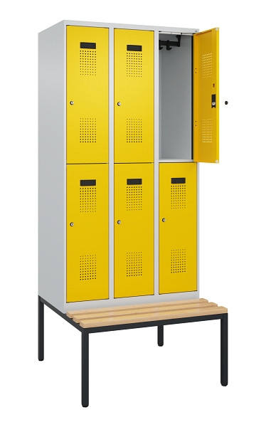 C+P Doppelstock-Spind Evolo PLUS, Bank, 6 Fächer, 2120x900x815mm, 7035/1023, Zylinderschloss, Sitzfläche Buche-Hartholz, Sitzbank, 0493507-30 S10028