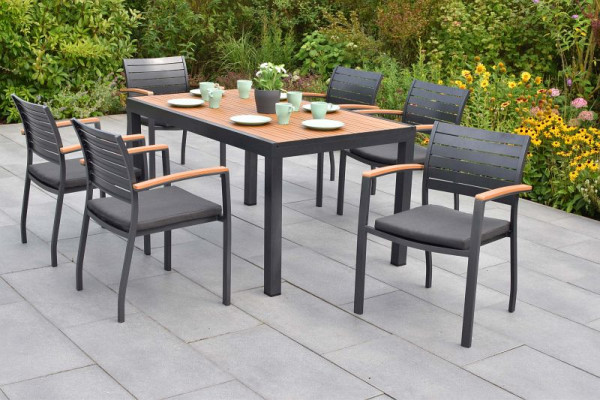 Merxx Astros Set 13-teilig, 6 Astros Stapelsessel, 6 Sitzkissen, uni grau, 1 Tisch 150 x 90 cm, Tisch aus Kunststoff in Holzoptik, 50192-800