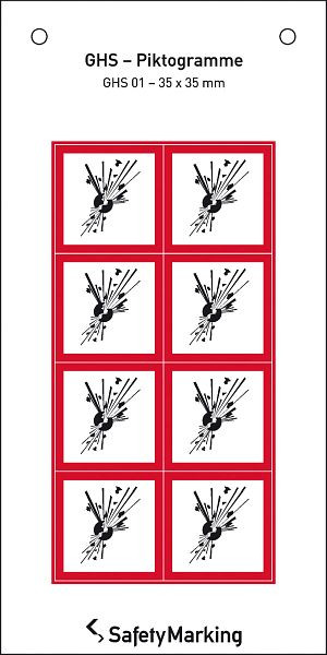 SafetyMarking GHS-Gefahrenpiktogramm, Symbol 01: explodierende Bombe, BxH 3,5x3,5 cm, Folie, selbstklebend, VE: 8 Stück/Bogen, 30.3552-01