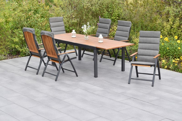 Merxx Athos Set 13-teilig, 6 Klappsessel, 6 Kissen, grau, 1 Ausziehtisch 180 (250) x 100 cm, Aluminium mit FSC Akazienholz, 50837-800