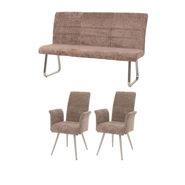 Mendler Esszimmer-Set HWC-G55, 2er-Set Stuhl mit Armlehne+Sitzbank 160cm, Edelstahl gebürstet Stoff/Textil Chenille, braun, 108103+108222