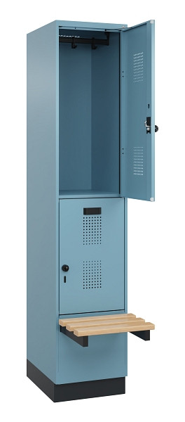 C+P Doppelstock-Spind Evolo PLUS, Bank, 2 Fächer, 1950x400x815mm, 0010/0010, Drehriegel, Sitzfläche Buche-Hartholz, mit Sockel, 049340-12 S10021