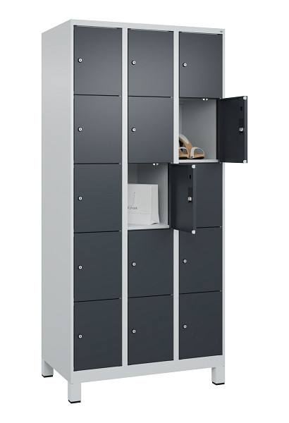 C+P Schließfachschrank Evolo PLUS, mit Füßen, 15 Fächer, 1950x900x500mm, 7035/7, Frontfarbe RAL 7016 Anthrazitgrau, 049010-305 S10012