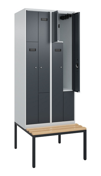 C+P Z-Spind Evolo PLUS, Bank, 4 Fächer, 2120x800x815mm, 7035/7016, Zylinderschloss, Sitzfläche Buche-Hartholz, Sitzbank, 0490537-224 S10036