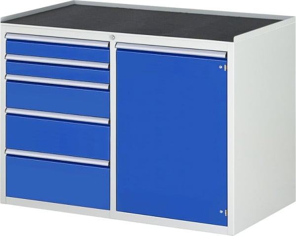RAU Schubladenschrank Serie 7000, B1145xT650xH825mm, links: Schubladen: 2xH90, H150, H180, H210mm, rechts: Flügeltür, Metallauflage, 03-LL5.22.12A-MT.11