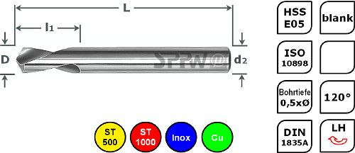 SPPW NC-Anbohrer HSS-E05 120° ISO Links L: 52x12 - Ø4,0, 1233200400