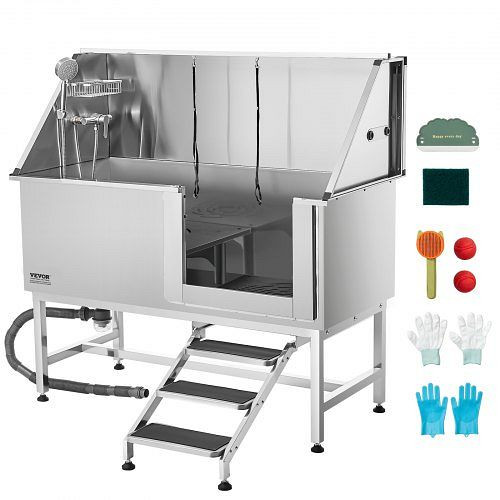 VEVOR Hundewaschstation Edelstahl 1500x700x1495mm mit Treppe, PE-Wasserfilterplatte, Wasserhahn, Duschkopf & Seifenhalter (rechte Tür), BXGCWYG62CSL9SXZIV0