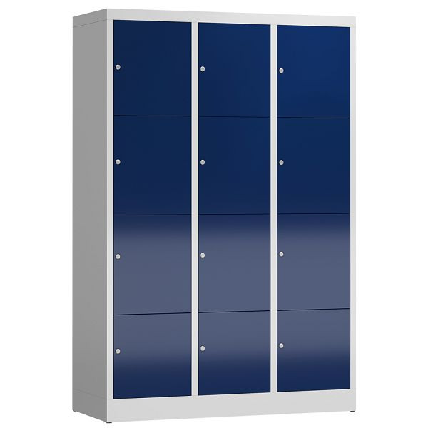 Lüllmann ClassiX Schließfachschrank, 3 Abteile à 4 Fächer, 1800 x 1185 x 500 mm, lichtgrau/enzianblau, X-523431