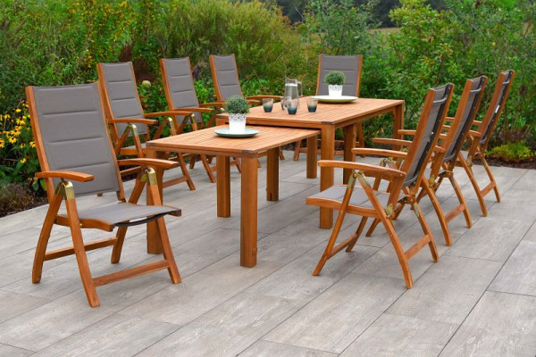 Merxx Acapulco Set 9-teilig, 8 Acapulco Klappsessel, gepadded, Rückenlehne 5-fach vestellbar, 1 Flex Ausziehtisch, 185/370 x 90/73 cm, 50553-309