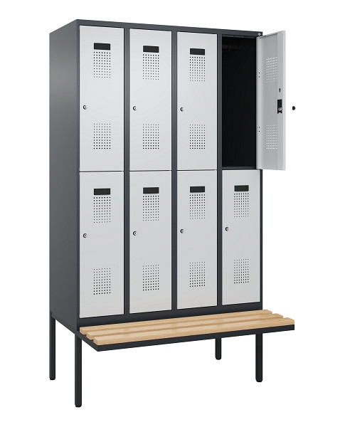 C+P Doppelstock-Spind Evolo PLUS, Bank, 8 Fächer, 2120x1200x815mm, 7016/7035, Zylinderschloss, Sitzfläche Buche-Hartholz, 0493407-40 S10044