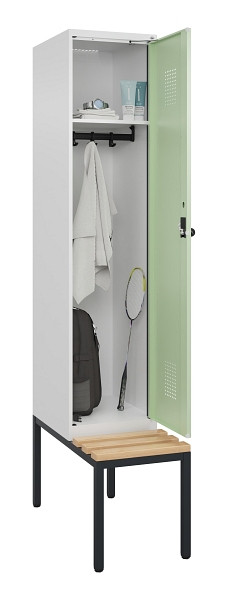 C+P Spind Evolo PLUS, 1 Abteile, 2120x400x815mm, 9016/6019, Haken 4, Drehriegel, Sitzfläche Buche-Hartholz, Sitzbank, 0490507-12 S10019