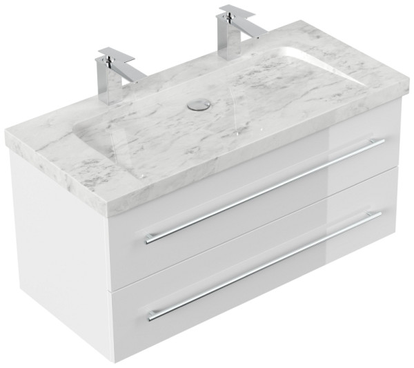 Posseik Badmöbel Marmor Carrara White YAMO 100 cm 2 Hahnlöcher SoftClose weiß hochglanz, YAMO100032000002DE