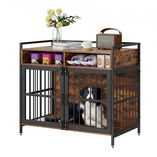 VEVOR Hundekäfig 104,1x59,9x91,9cm aus Karbonstahl-Rahmen und P2 Spanplatte Vintage Beistelltisch mit Doppeltür-Design im Möbelstil, ZWJJSGLZSJSG7B2WZV0