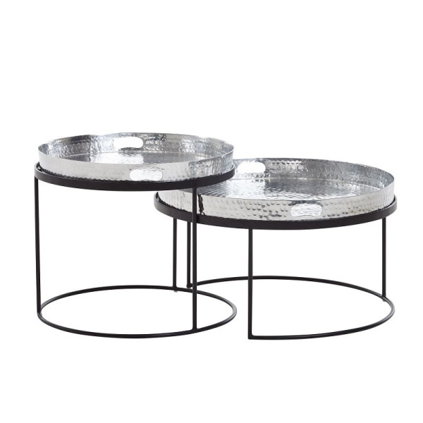 Wohnling Couchtisch 2er Set Silber/Schwarz Metall Hammerschlag Satztisch Rund, Sofatisch abnehmbares Tablett, Tabletttisch Sofa 2 teilig Modern, WL6.462