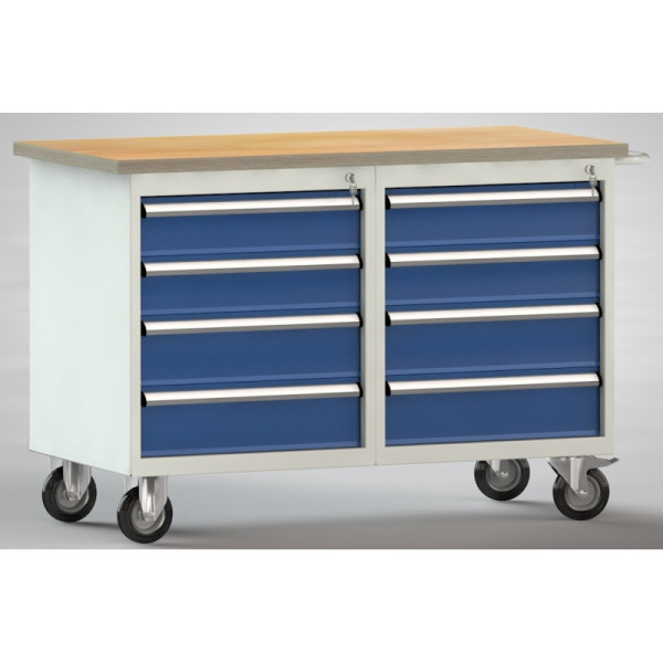 KLW Fahrbahre Profi-Werkbank 1200x700x840 mm, Buchen-Multiplexplatte 30mm (2 x 4 Schubladen), WP834N-1200M30-E7020