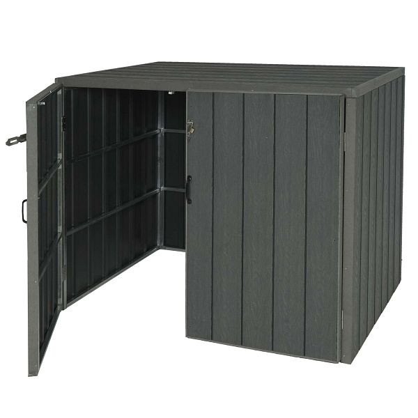 Mendler XL 2er-/4er-WPC-Mülltonnenverkleidung HWC-J28, Premium Mülltonnenbox, Metall Holzoptik, erweiterbar, grau, 76030+76031+76032