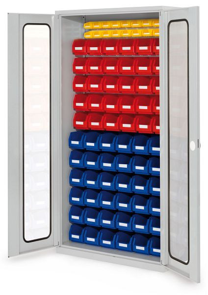 Kappes RasterPlan- Schlitzplattenschrank, H1950 x B 1000 x T 410 mm RAL 7035, Modell 58, Sichtfenstertüren, bestückt mit Lagersichtkästen, 1353.05.5013